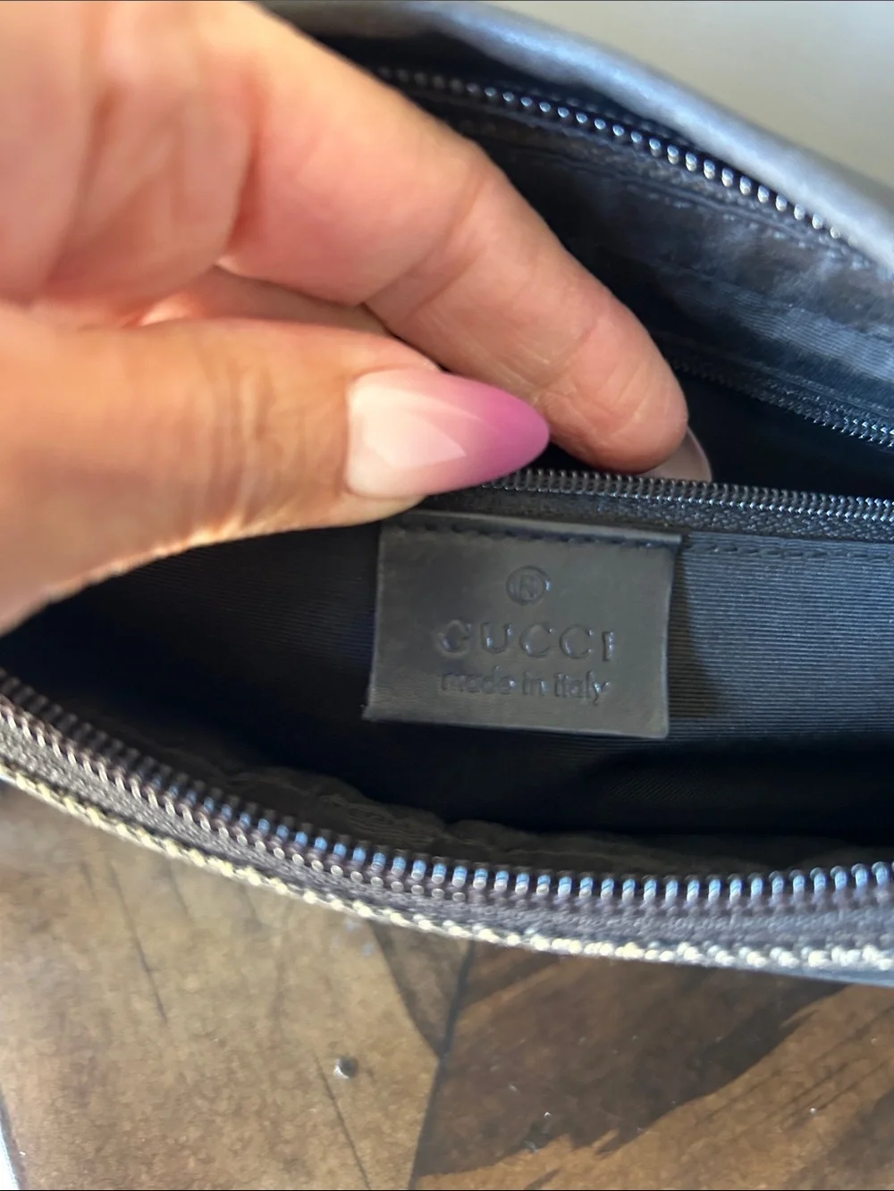 466. Gucci Black/Gray Monogram Belt Bag with Leather Trim w/coa